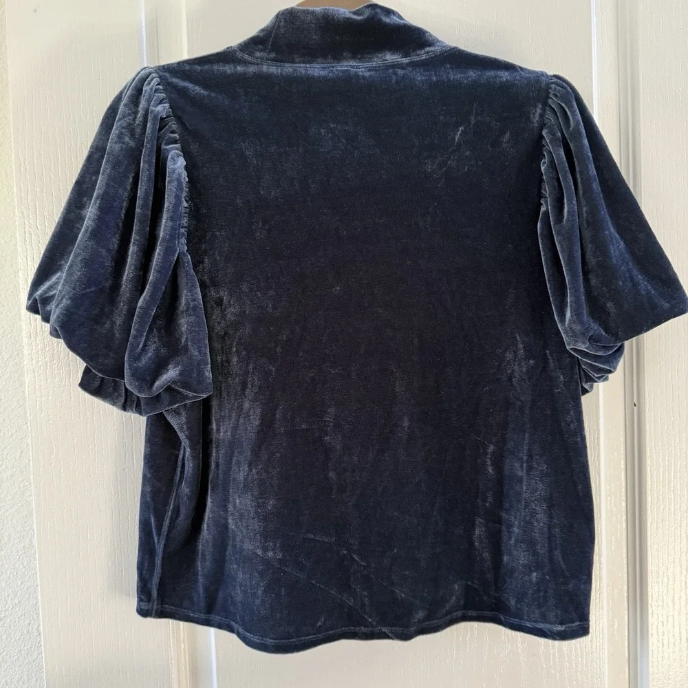 FREE PEOPLE Velvet Knit Claudia Top Womens S Puff Sleeve Boho Fairy Country Blue